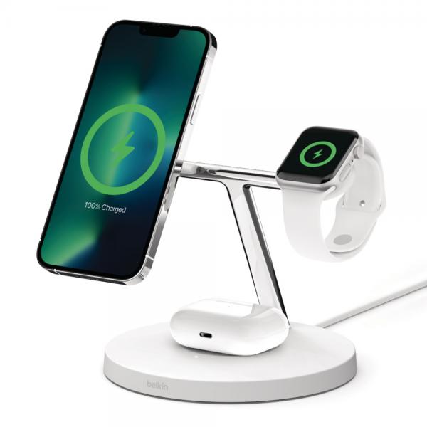 Belkin WIZ017vfWH Bianco Interno (3-IN-1 WIRELESS CHARGER FOR - IPHONE 12/13 SERIES WITH MAGSAFE)
