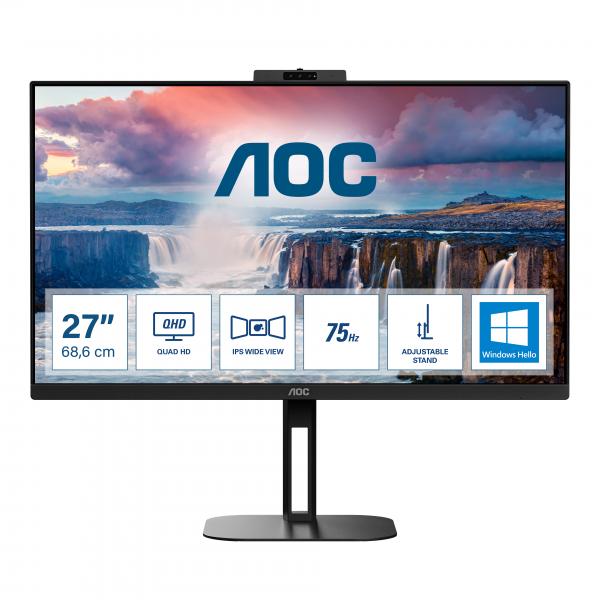 AOC V5 Q27V5CW/BK Monitor PC 68,6 cm [27] 2560 x 1440 Pixel Quad HD LED Nero (AOC Value-line Q27V5CW/BK - V5 series - LED monitor - 27 - 2560 x 1440 QHD @ 75 Hz - IPS - 300 cd/mÂ² - 1000:1 - 4 ms - HDMI, DisplayPort, USB-C - speakers - black)
