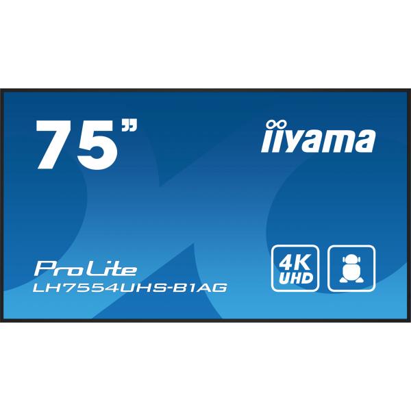 iiyama LH7554UHS-B1AG visualizzatore di messaggi Pannello piatto per segnaletica digitale 190,5 cm (75") LCD Wi-Fi 500 cd/m² 4K Ultra HD Nero Processore integrato Android 11 24/7