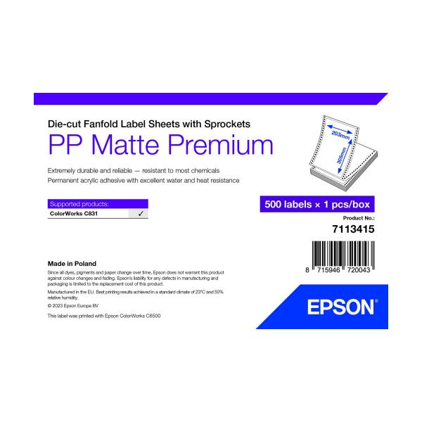 Epson 7113415 etichetta per stampante Bianco Etichetta per stampante autoadesiva (PP MATTE LABEL PREM DIE-CUT - FANFOLD SHEETS WITH SPROCKETS 20)
