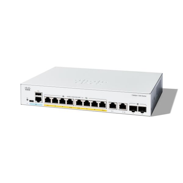 Cisco Catalyst 1300-8P-E-2G - Switch - L3 - gestito - 8 x 10/100/1000 (PoE+) + 2 x combo Gigabit SFP/RJ-45 - montabile su rack - PoE+ (60 W)