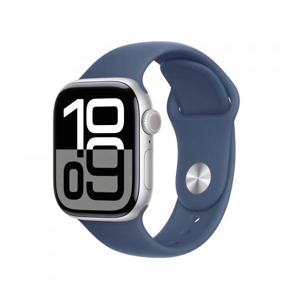 Apple Watch Series 10 Serie 10 GPS 42mm Cassa in Alluminio Color Argento con Denim Sport Band - S/M (Apple Watch Series 10 [GPS] - 42 mm - alluminio argento - smartwatch con fascia sportiva - fluoroe