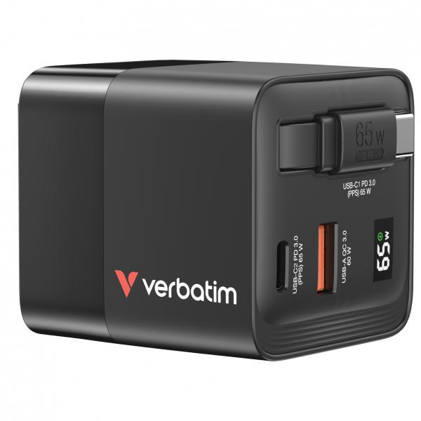 VERBATIM ALIMENTATORE GAN CHARGER DA MURO 65W 2 PORTE CON CAVO INCORPORATO