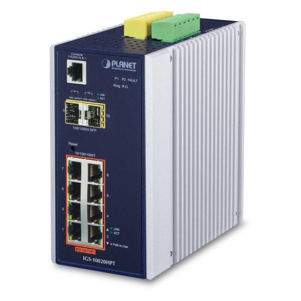 PLANET IGS-10020HPT switch di rete Gestito L2+ Gigabit Ethernet [10/100/1000] Supporto Power over Ethernet [PoE] Nero, Bianco (IP30 Industrial L2+/L4 8-Port - 1000T 802.3at PoE + 2-Port - 100/1000X SFP Full Managed Switch [-40 to 75 C, 12V~48V DC power boost, DIDO, - Warranty: 60M)
