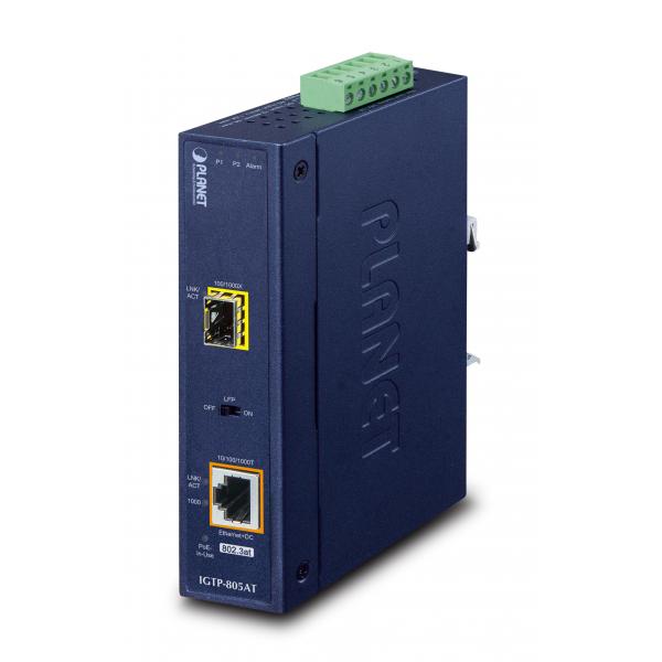PLANET IGTP-805AT convertitore multimediale di rete 2000 Mbit/s 1310 nm Blu (IP30 Industrial 10/100/1000Bas - to 100/1000X SFP Converter - with 802.3at POE+ [-40 to 75C] - Warranty: 60M)