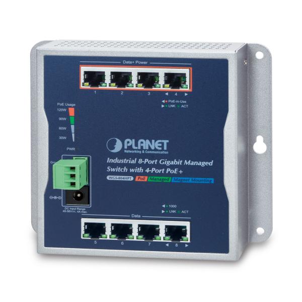 PLANET WGS-804HPT switch di rete Gestito Gigabit Ethernet [10/100/1000] Supporto Power over Ethernet [PoE] Nero (IP30, IPv6/IPv4, 8-P 1000TP - Wall-mount Managed Ethernet - Switch with 4-Port 802.3AT POE+ [-40 to 75 C], dual redundant power input on - Warranty: 36M)