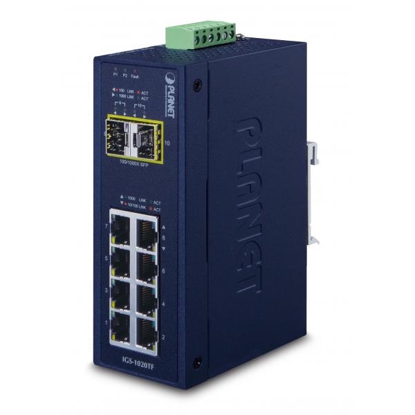 PLANET IGS-1020TF switch di rete Non gestito Gigabit Ethernet [10/100/1000] Blu (IP30 Industrial 8-P 10/100/100 - + 2-P 100/1000X SFP Ethernet - Switch [-40~75 degrees C] - Warranty: 60M)