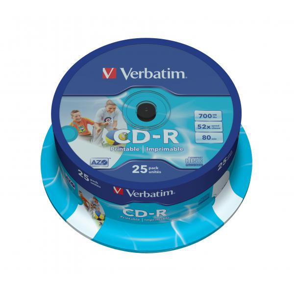 VERBATIM CD-R 52X 700MB 25PK OPS SPINDLE WIDE PRINT ID