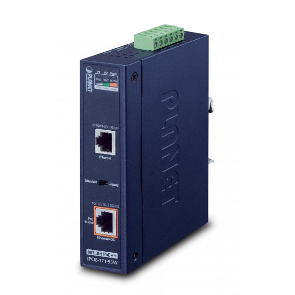 PLANET IPOE-171-95W switch di rete Gigabit Ethernet [10/100/1000] Supporto Power over Ethernet [PoE] Blu (IP30, Industrial Single-Port - 10/100/1000Mbps 802.3bt Ultra - PoE Injector [95 Watts, PoH, Legacy mode support, PoE Usage LED, -40 to 75 - Warranty: 60M)