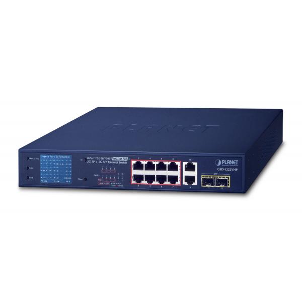 PLANET GSD-1222VHP switch di rete Non gestito Gigabit Ethernet [10/100/1000] Supporto Power over Ethernet [PoE] 1U Blu (8-Port 10/100/1000T 802.3at - PoE + 2-Port 10/100/1000T - 2-Port 1000SX SFP Gigabit Switch with smart color LCD [120W PoE Budget, Standard - Warranty: 36M)