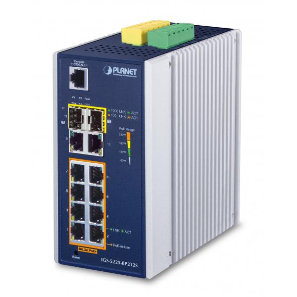 PLANET IGS-5225-8P2T2S switch di rete Gestito L2+ Gigabit Ethernet [10/100/1000] Supporto Power over Ethernet [PoE] Blu, Bianco (IP30 Industrial L2+/L4 8-Port - 1000T 802.3at PoE + 2-Port - 10/100/1000T + 2-Port 100/1000X SFP Full Managed Switch [-40 to 75 C, dual - Warranty: 60M)