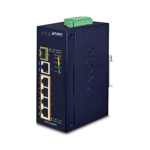 PLANET IGS-614HPT switch di rete Non gestito Gigabit Ethernet [10/100/1000] Supporto Power over Ethernet [PoE] Blu (IP40 Industrial 4P 10/100/1000 - 802.3at PoE + 1-P 10/100/1000T - & 1-Port 100/1000X SFP Gigabit Ethernet Switch - Warranty: 60M)
