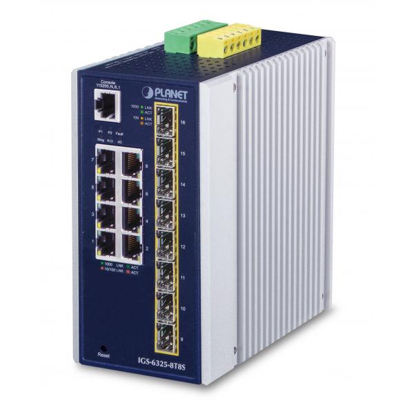 PLANET IP30 Industrial L3 8-Port Gestito Gigabit Ethernet (10/100/1000) Blu, Bianco