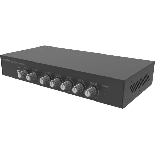 Vision AV-1900 amplificatore audio Casa Nero (VISION Professional Digital Audio Mixer Amplifier - LIFETIME WARRANTY - 2 x 50w [RMS @ 8 Ohms] - RS-232 - Bluetooth [renameable, set pin] - 4 x inputs each either line-level or Mic [balanced with trim adjustment and switchable phantom power] - pre-mix line out - rack mount - can drive two pairs of speakers - black)