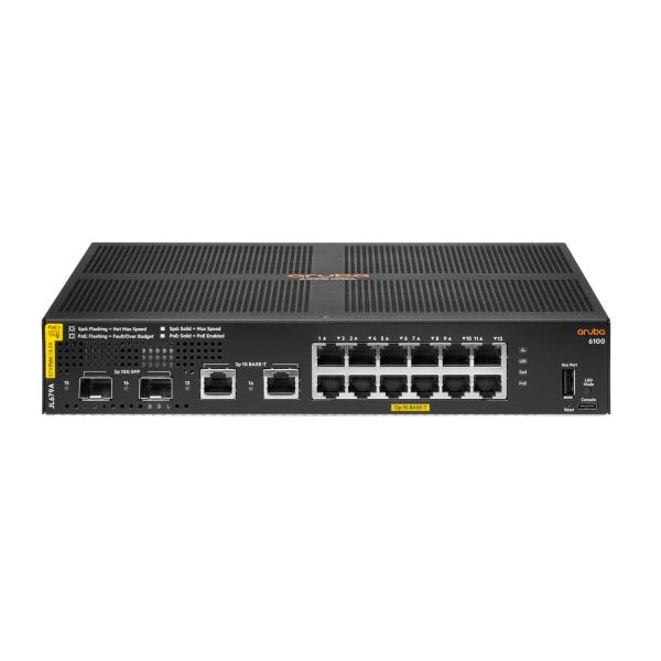 Aruba 6100 12G Class4 PoE 2G/2SFP+ 139W Gestito L3 Gigabit Ethernet [10/100/1000] Supporto Power over Ethernet [PoE] 1U Nero (HPE ARUBA SWITCH 6100 12G 2SFP+,12x 10/100/1000 + 2x1 GIGABIT)