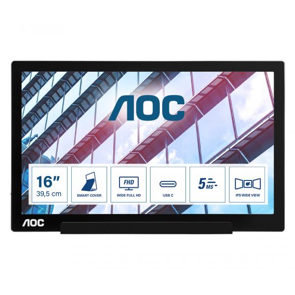 AOC 01 Series I1601P Monitor PC 39,6 cm [15.6] 1920 x 1080 Pixel Full HD LED Argento, Nero (I1601P 15.6 INCH IPS 1920x1080 USB-C)