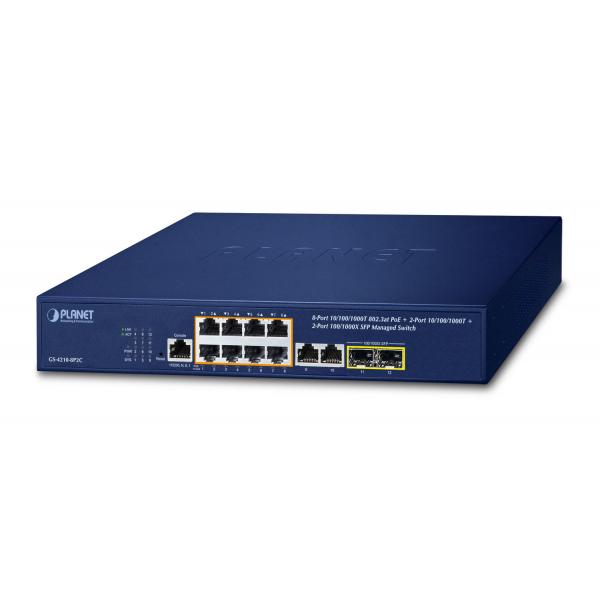 PLANET IPv4/IPv6, 8-Port Managed Gestito L2/L4 Gigabit Ethernet [10/100/1000] Supporto Power over Ethernet [PoE] 1U Blu (IPv4/IPv6, 8-Port Managed - 802.3at POE+ Gigabit Ethernet - Switch + 2-Port 10/100/1000Mbps RJ45 + 2-Port 100/1000X SFP - Warranty: 36M)